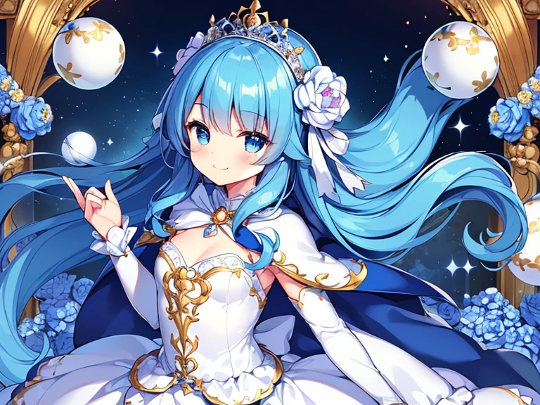 looking at viewer,(kawaii),(best quality),(ultra detailed), upper body,(rococo style),(long train blue cape:1.15), very long cape,(long train white ball gown with flower decorations:1.1), a girl is wearing a cape over her gown, 1 little princess, tiara, smile, very long hair, small breasts