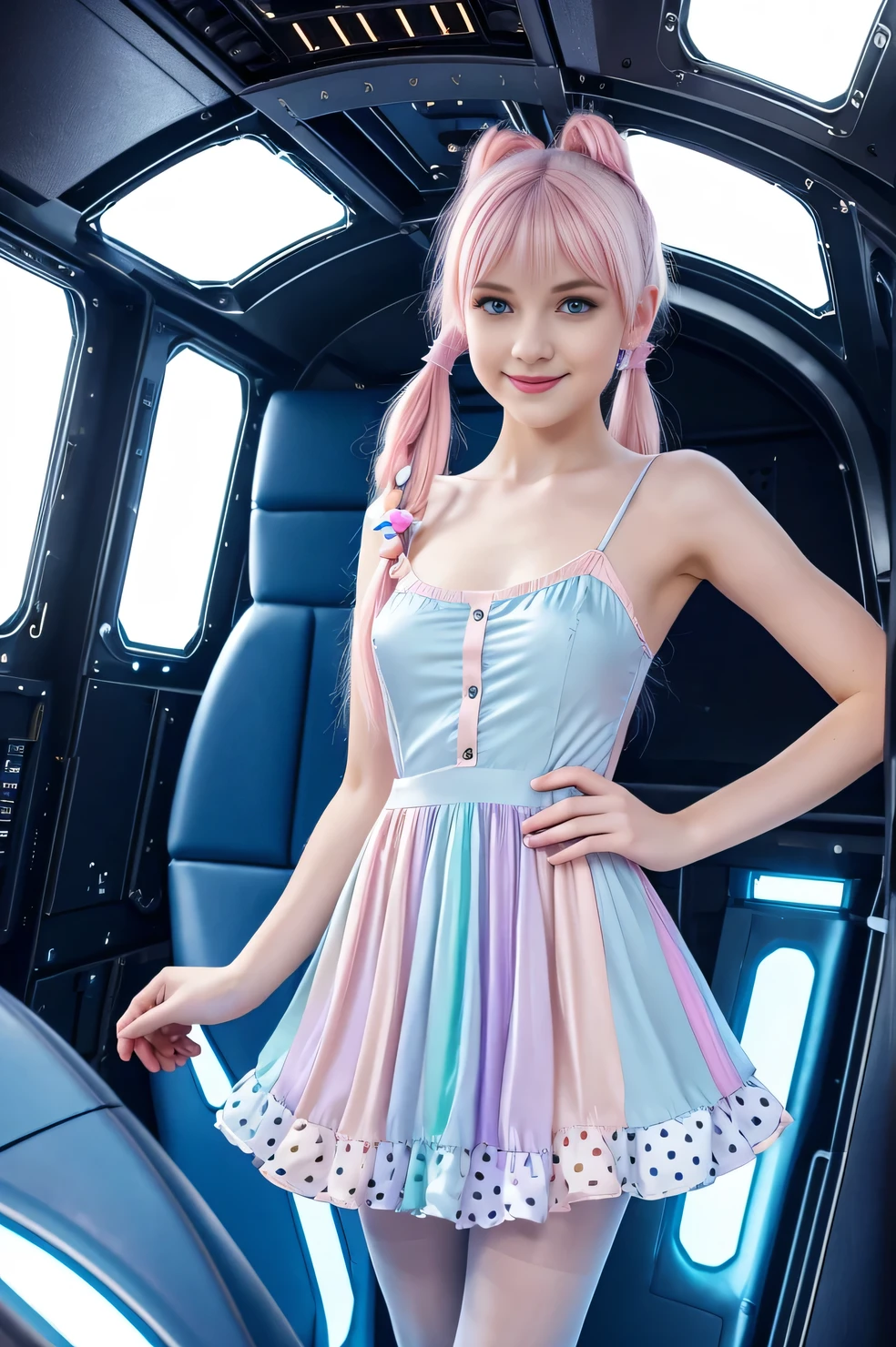 cute 19-year-old neon haired woman, pale white skin, happy, smiling, in twin tails, perfect blue eyes, pale goth skin, silky smooth skin, flying a fancy metal luxurious space ship, futuristic cockpit, she's a pilot, outer space seen in windows, dark warm lighting, wearing a futuristic dress, pleated (chemise) mini dress (pastel rainbow colors, and polka dots), puffy sleeves low cut top, silk, ((pantyhose under dress)), tights, cute short cut booties, boots.