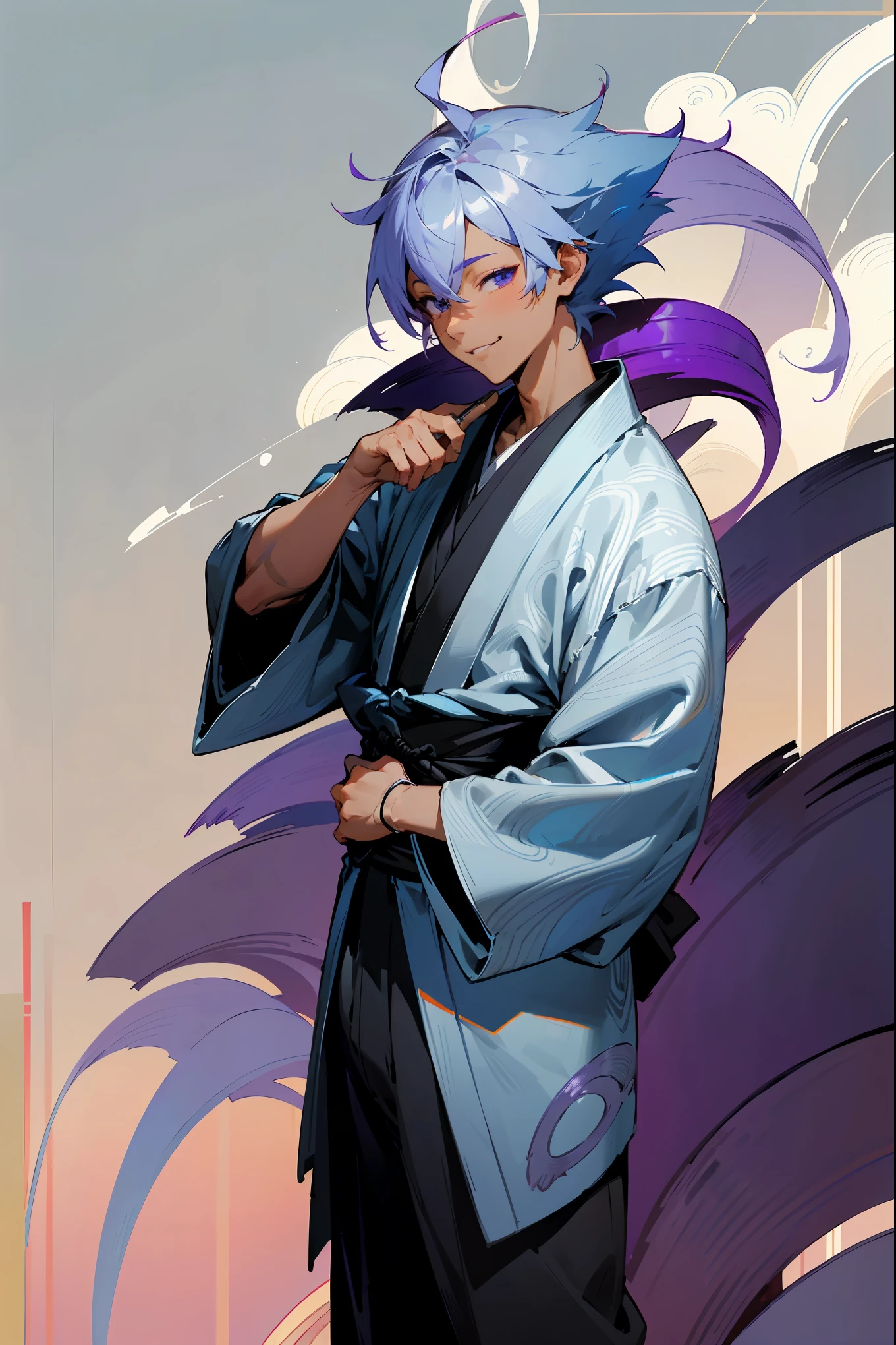 1male, tan skin, ager, blind eyes, light blue hair, dark purple hair, half blue half purple hair,, smiling expression, open black and white ukata, old japanese background, , detailed background, detailed face, standing on path, hand to side