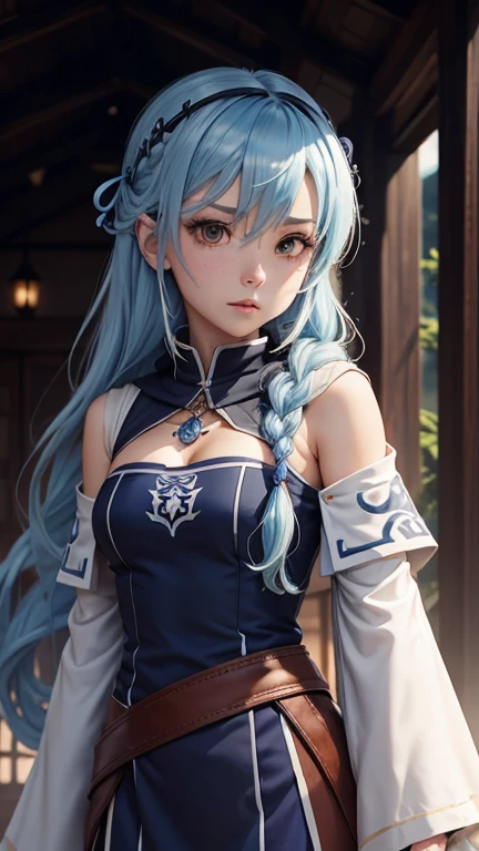 anime「Mushoku Tensei ~If you go to another world, you'll get serious~」Characters、Please draw Roxy Migurdia。She has blue hair、It is shoulder-length and hangs straight down.。She has a braided headband in her hair.、The bangs are cut at an angle。Eyes are large、It has a blue color.、Has an intelligent and calm look。She is wearing blue and white wizard robes.、There is a simple pendant on the chest.。The robe design is in classic fantasy style.、It comes with a hood。Roxy has a wizard's wand、The background should be a fantasy-like forest or a magical academy.。