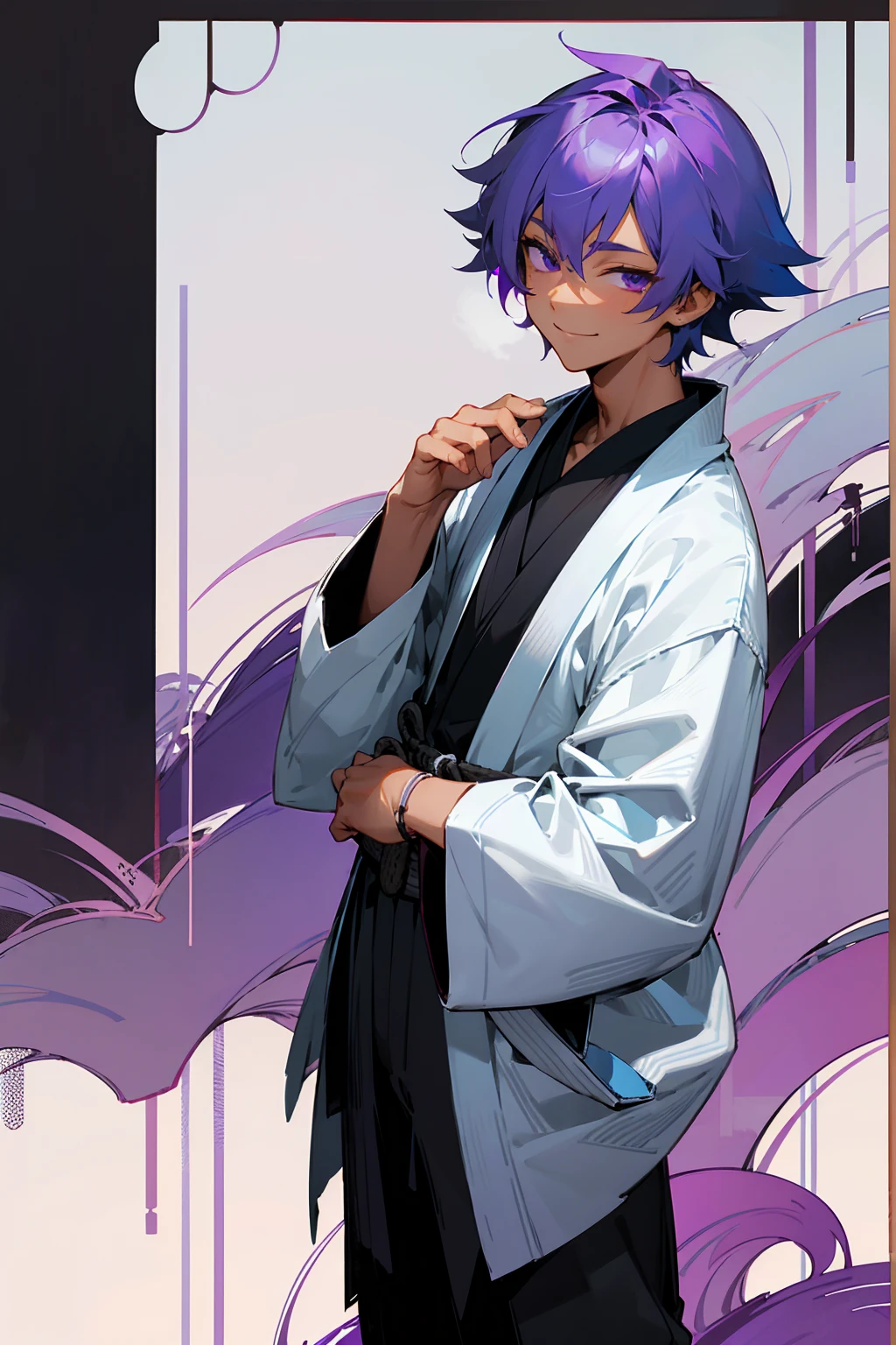 1male, tan skin, teenager, blind eyes, light blue hair, dark purple hair, half blue half purple hair,, smiling expression, open black and white ukata, old japanese background, , detailed background, detailed face, standing on path, hand to side
