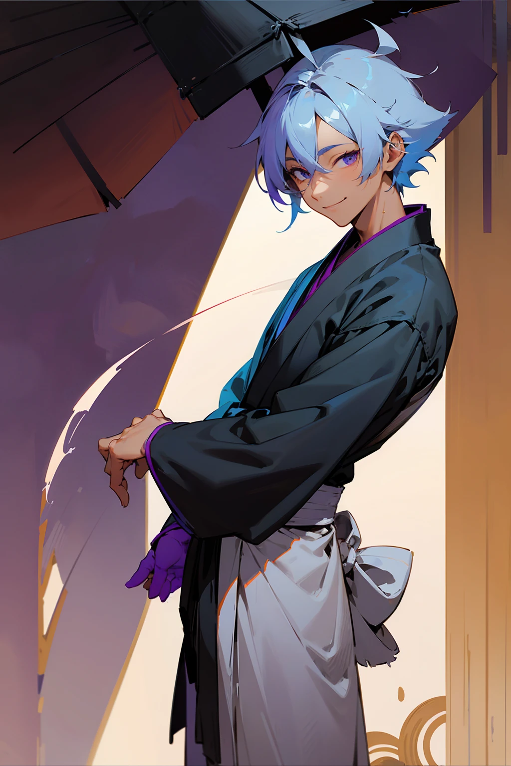 1male, tan skin, ager, blind eyes, light blue hair, dark purple hair, half blue half purple hair,, smiling expression, open black and white ukata, old japanese background, , detailed background, detailed face, standing on path, hand to side