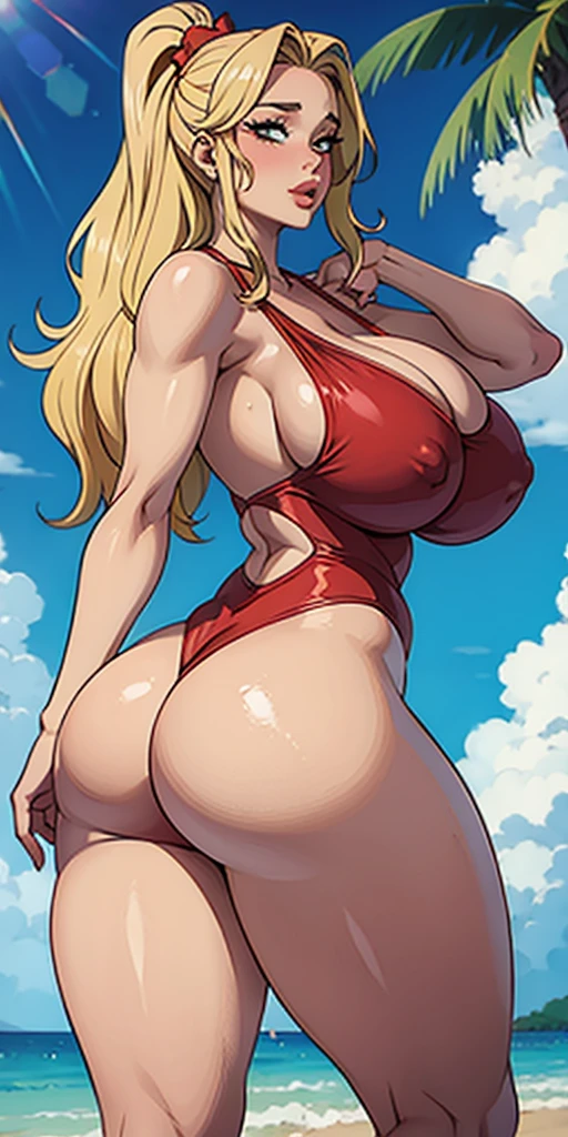 1girl (lifeguard:1.1) in a red swimsuit , huge cleavage, showing her big ass, thick thigs, beautiful thick female, thicc, thick, thick body, voluptuous body, big booty, curvy accentuated booty, blonde amazing sexy lifeguard, pawg, curvy hourglass figure, thick thighs, voluptuous figure, hyperrealistic full figure (nsfw)