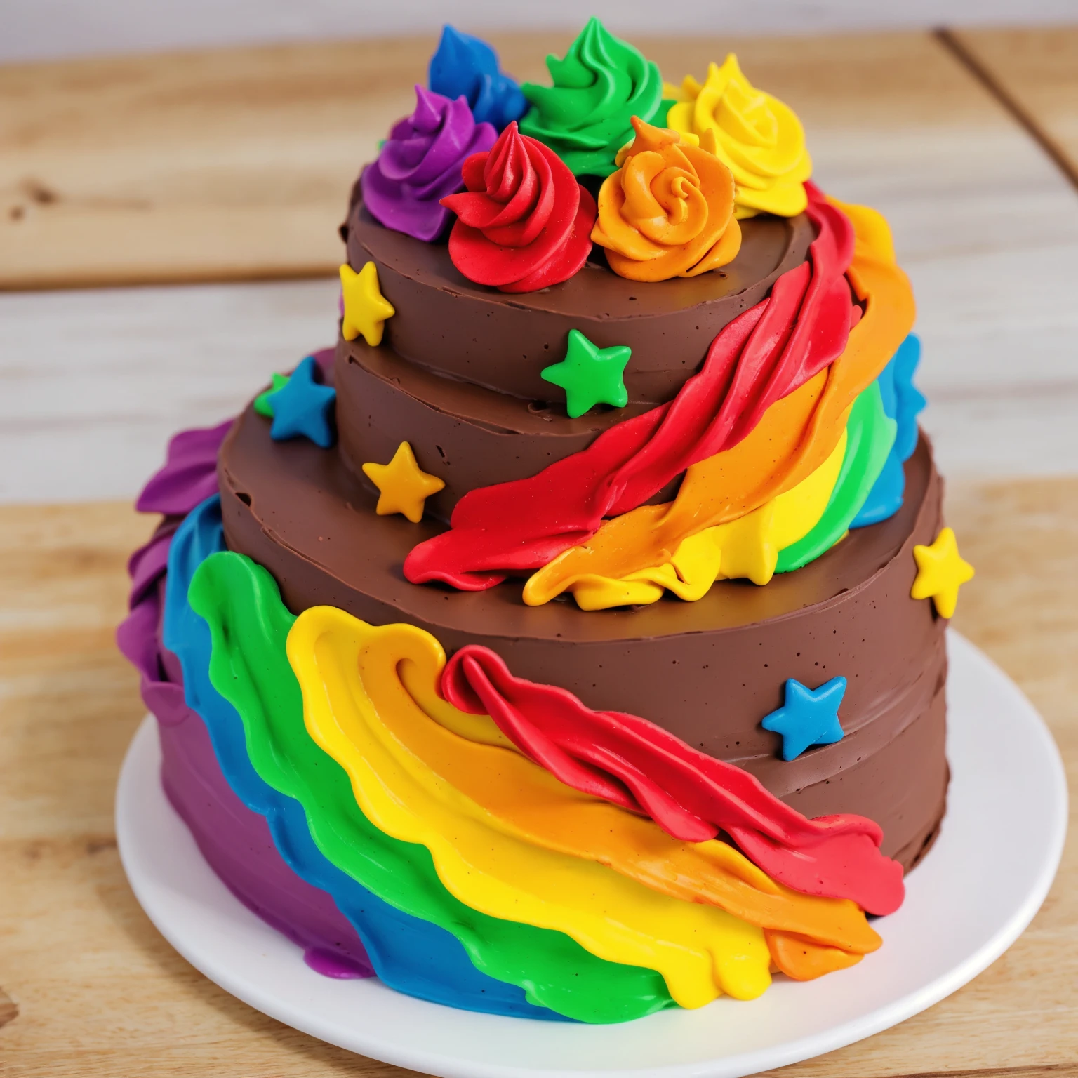 on a wooden table. there is a white plate. double tier chocolate cake ((chocolate cream texture, strokes of a pastry spatula)), rainbow cream in stitches, decorated with rainbow stars made of polymer clay, multi-colored cream on top ((cream highlights)), against the background of the kitchen, Beautiful light from the window, contour light, Multiple light sources, beautiful lighting, Bright light source, bright lighting, beautiful light sources, Multiple light sources, Realistic style , realistic texture, detailed texture, A high resolution, high quality, macro photography 