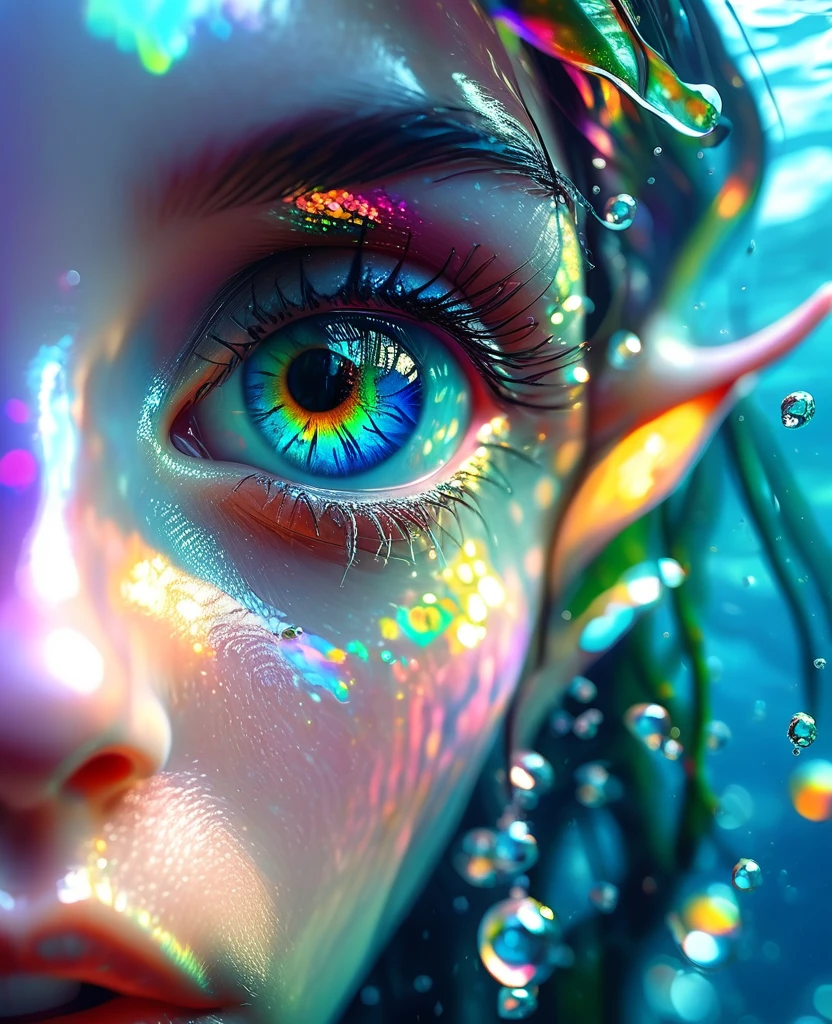 lose macro photo shot of an eye of an elf girl, Seeing the underwater world, mirroring, hyperrealistic, colorful, cinematic lighting, in the style of realistic and hyper-detailed renderings, contoured shading, extreme iridescent reflection, overexposure, high brightness, shimmer pearly color