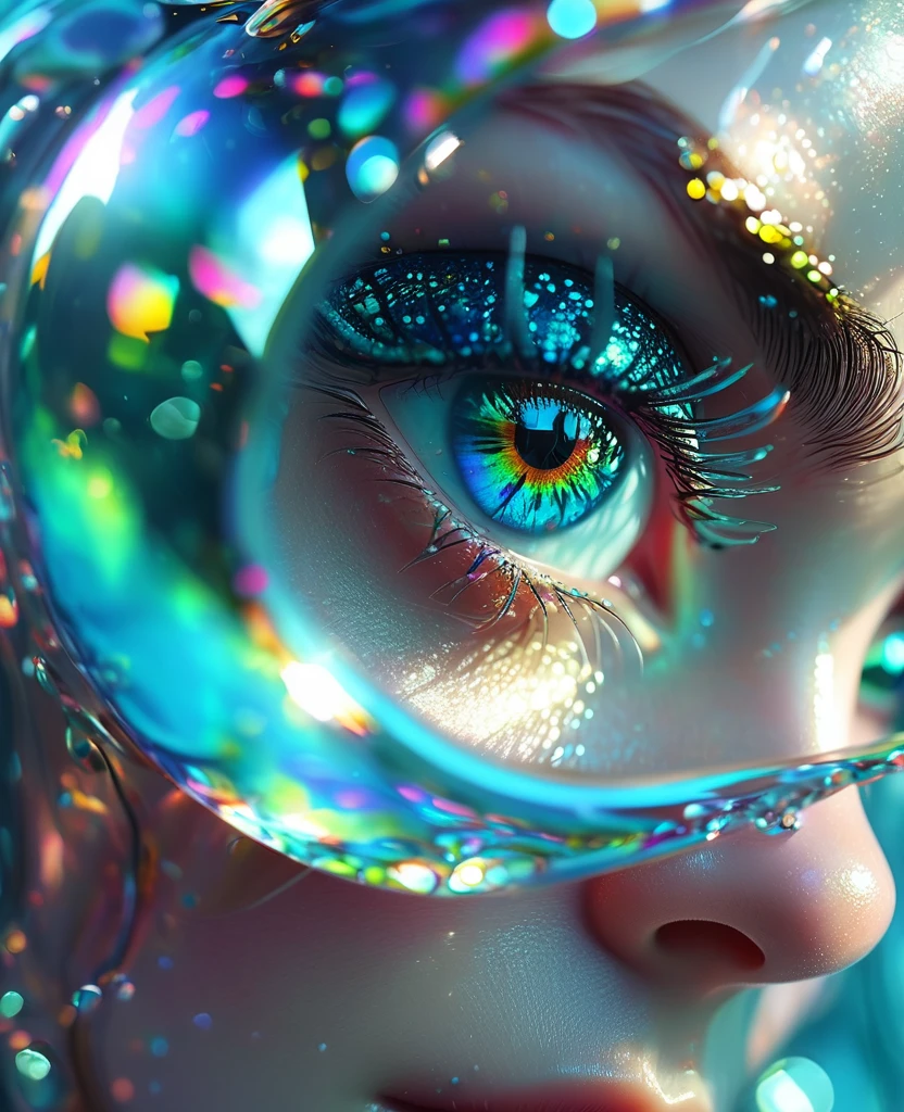 lose macro photo shot of an eye of an elf girl, Seeing the underwater world, mirroring, hyperrealistic, colorful, cinematic lighting, in the style of realistic and hyper-detailed renderings, contoured shading, extreme iridescent reflection, overexposure, high brightness, shimmer pearly color