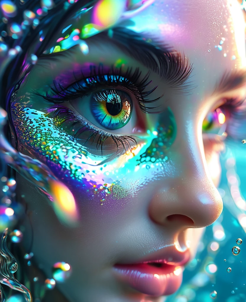 lose macro photo shot of an eye of an elf girl, Seeing the underwater world, mirroring, hyperrealistic, colorful, cinematic lighting, in the style of realistic and hyper-detailed renderings, contoured shading, extreme iridescent reflection, overexposure, high brightness, shimmer pearly color