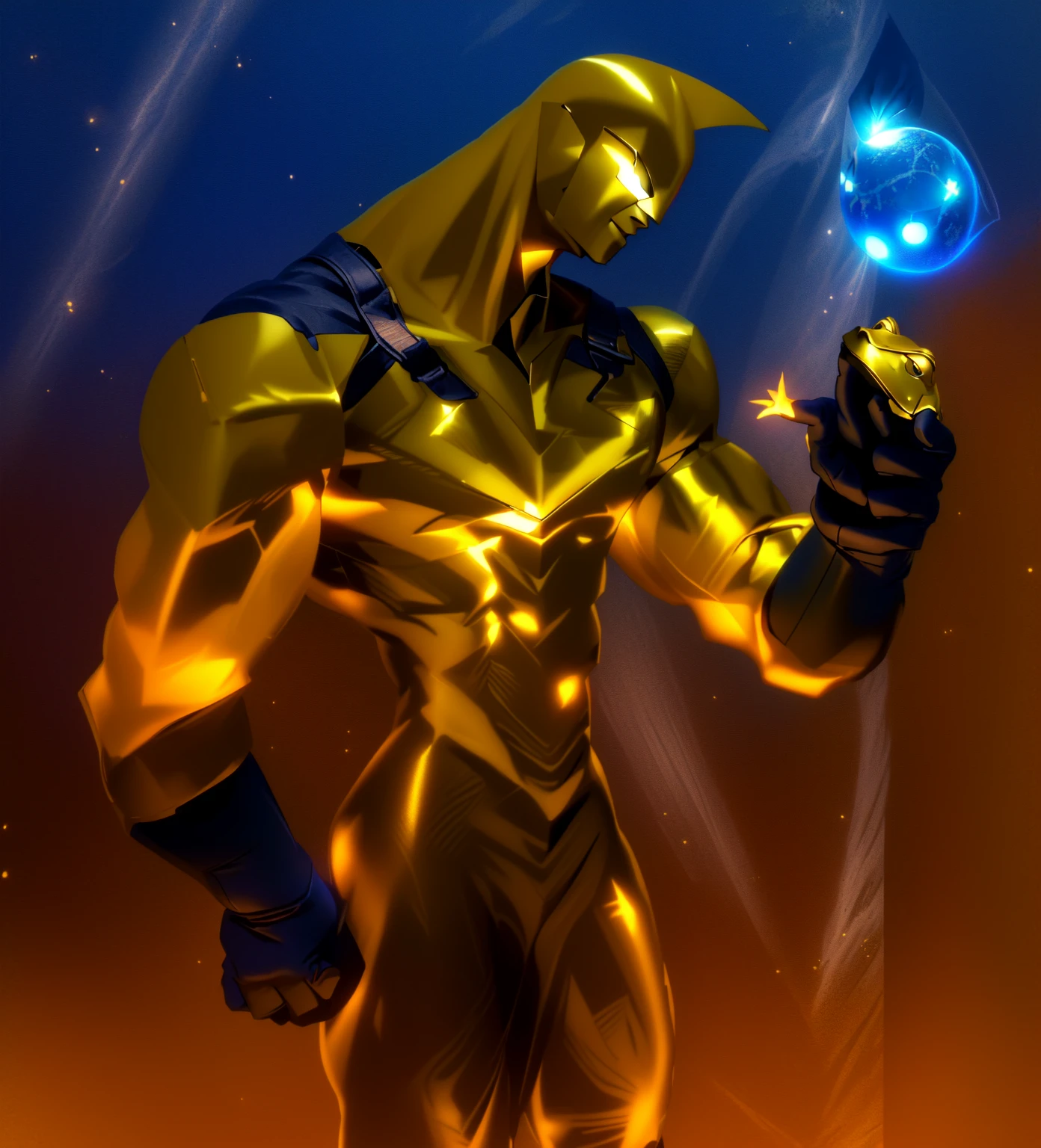 masterpiece, best quality, (extremely detailed CG unity 8k wallpaper), (best quality), (best illustration), (best shadow), superhero, muscular man, he is wearing a shinny metallic dark blue seal skin suit, shinny orange gloves, 'V' shape on chest is orange color, he is wearing a mask with oblong large orange shinny metallic goggles, realistic lighting, (Abyss), beautiful detailed glow, strong hands, right hand is closed into a fist. left hand holds up a bullfrog. gold floating oblong orb hovers near him. NO background, no backdrop, Pure white background.