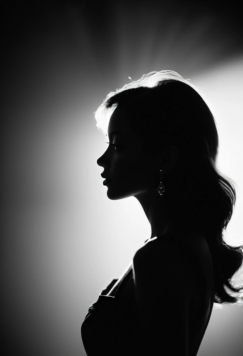 black and white, Candid silhouette of a woman, half body shot, whimsical photography style, captured with an Arriflex 35BL camera using Canon K25 prime lenses, cinematic, dramatic lighting, ultra clear, breathtaking surreal masterpiece.
