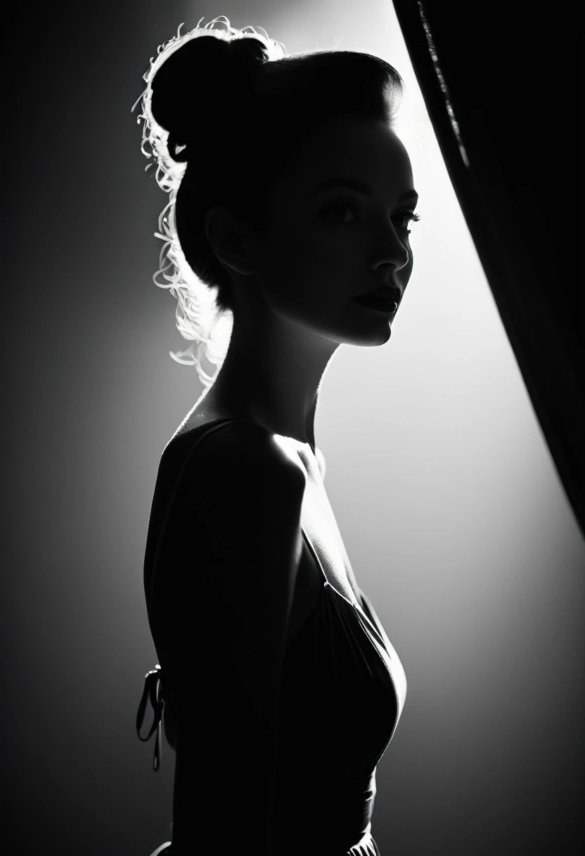 black and white, Candid silhouette of a woman, half body shot, whimsical photography style, captured with an Arriflex 35BL camera using Canon K25 prime lenses, cinematic, dramatic lighting, ultra clear, breathtaking surreal masterpiece.