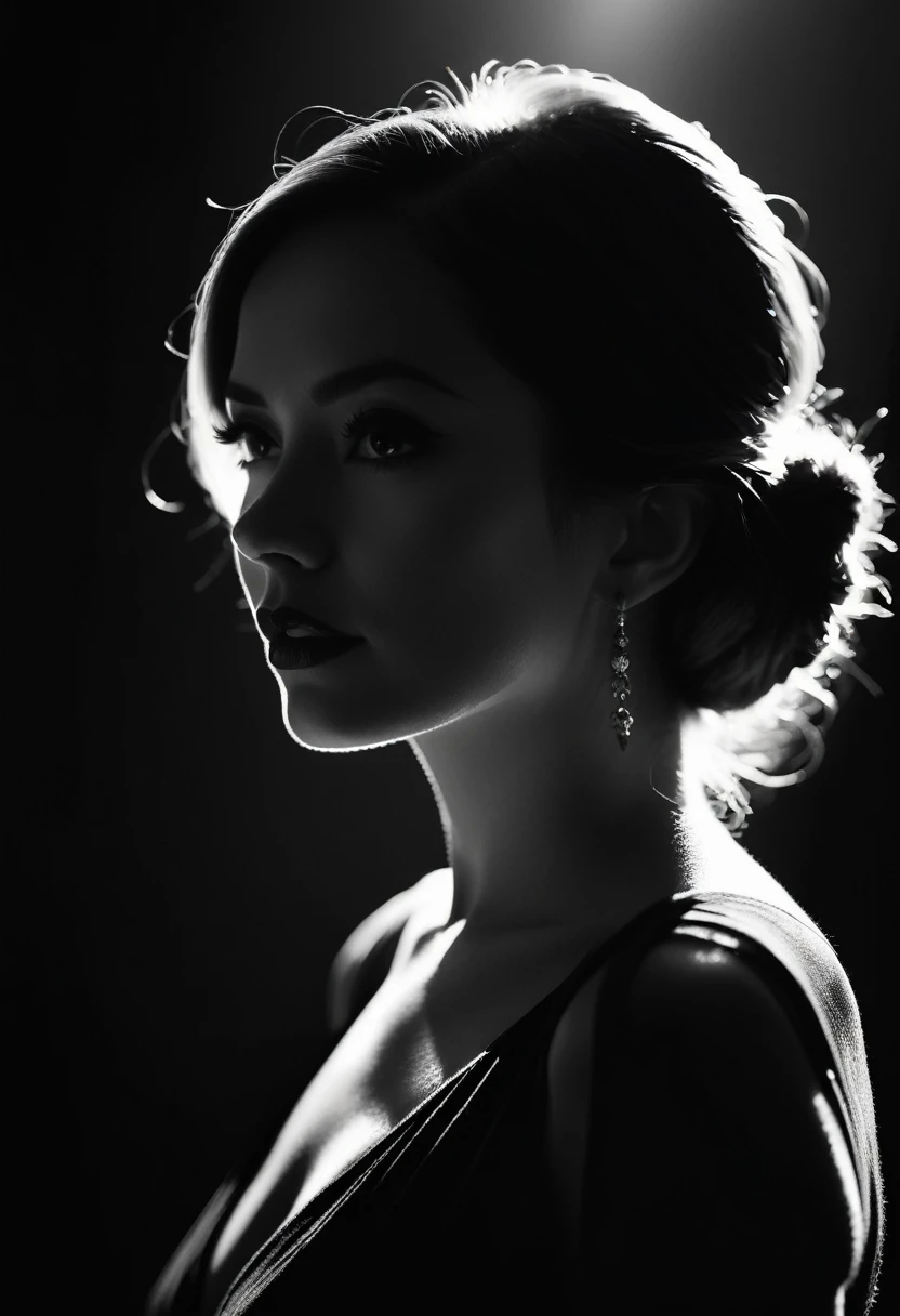 black and white, Candid silhouette of a woman, half body shot, whimsical photography style, captured with an Arriflex 35BL camera using Canon K25 prime lenses, cinematic, dramatic lighting, ultra clear, breathtaking surreal masterpiece.