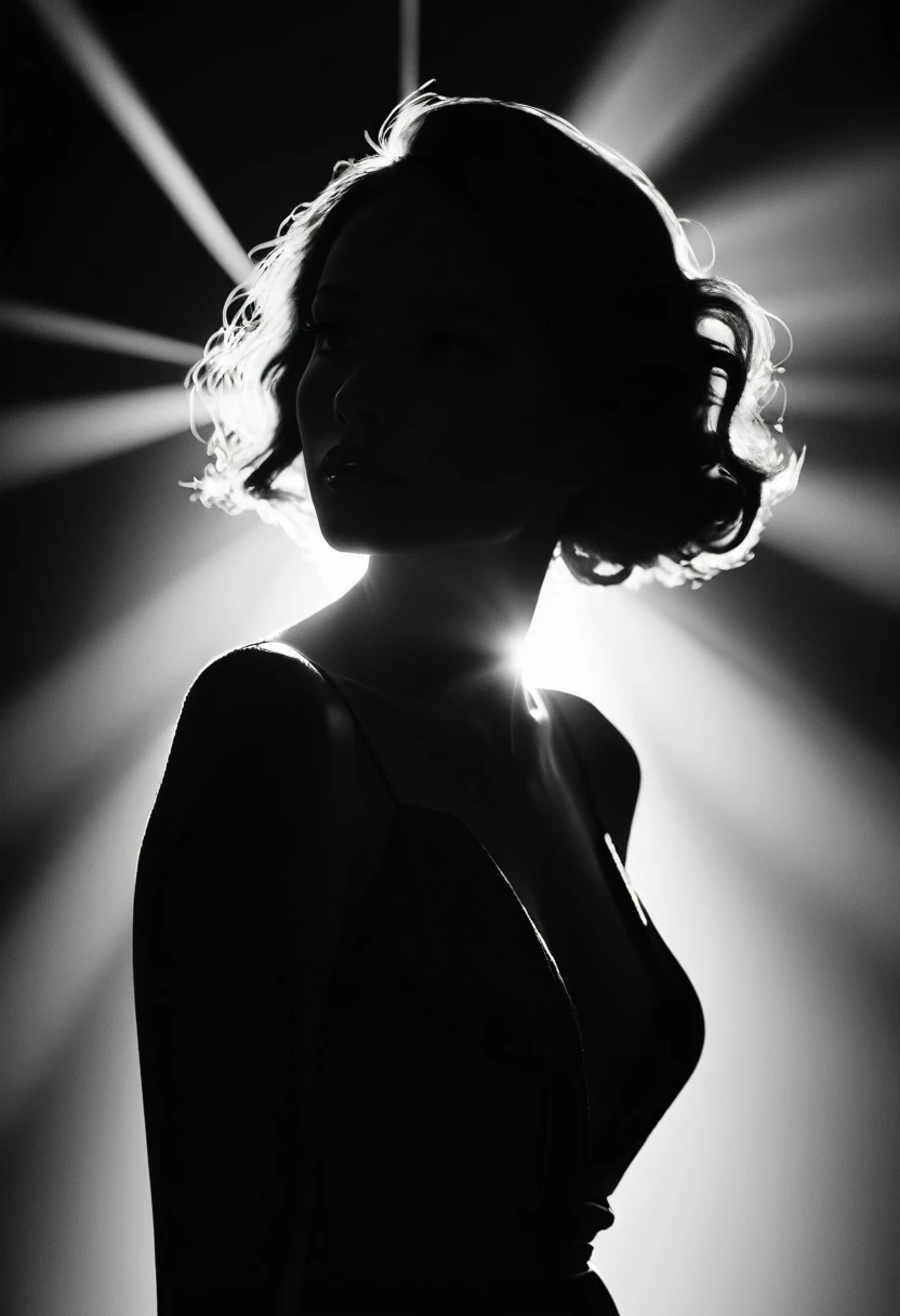 black and white, Candid silhouette of a woman, half body shot, whimsical photography style, captured with an Arriflex 35BL camera using Canon K25 prime lenses, cinematic, dramatic lighting, ultra clear, breathtaking surreal masterpiece.
