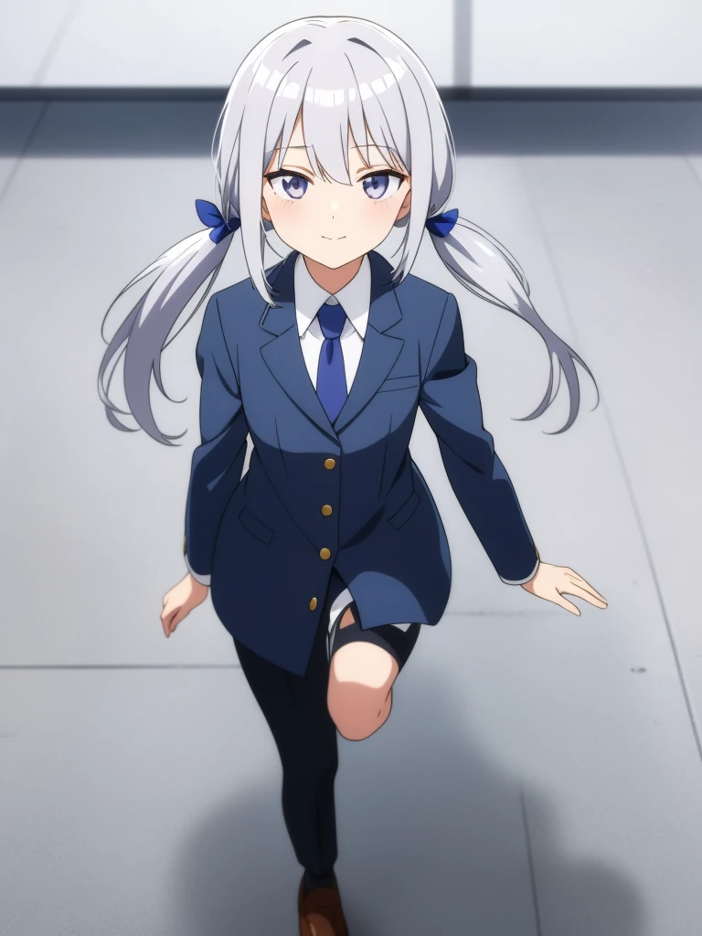 1girl, anime girl, silver hair, long twintails, silver eyes, dark blue school suit, plain white background, closed mouth small smile, small closing eyes