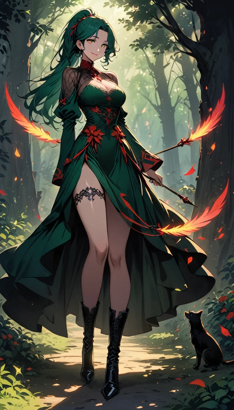((((Luminariza, Maestra Arquera, Recuerdo Exquisito, alta resolución)))), 1female, strong, standing, (long, wavy, forest green hair), pale complexion, ((treasure coloured eyes: Verdanthia green)), glowing aura, ((footwear: leather boots with leaf infused design, headpiece adorned with tender foliage : 0.9))), ((wards off wildlife, green leaves on skin, branches in arms)), fabulous body sculpting, crisp, bright sun unit, hip length dress Mazamaki styled, drawing traditional longbow, smilingiking forward, daytime forest background, ((torso, feet, knees, thighs: all visible, natural light)) underexposed, long curved bow and quiver byside, ((symbolizesprotection, brave, fierce)), 28 years old, gravely deliberated, ((graceful stanceleft with tensedpostureifpossible))