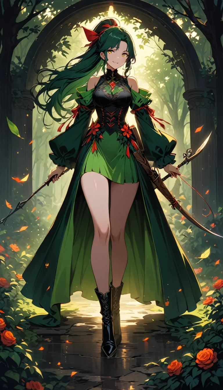 ((((Luminariza, Maestra Arquera, Recuerdo Exquisito, alta resolución)))), 1female, strong, standing, (long, wavy, forest green hair), pale complexion, ((treasure coloured eyes: Verdanthia green)), glowing aura, ((footwear: leather boots with leaf infused design, headpiece adorned with tender foliage : 0.9))), ((wards off wildlife, green leaves on skin, branches in arms)), fabulous body sculpting, crisp, bright sun unit, hip length dress Mazamaki styled, drawing traditional longbow, smilingiking forward, daytime forest background, ((torso, feet, knees, thighs: all visible, natural light)) underexposed, long curved bow and quiver byside, ((symbolizesprotection, brave, fierce)), 28 years old, gravely deliberated, ((graceful stanceleft with tensedpostureifpossible))
