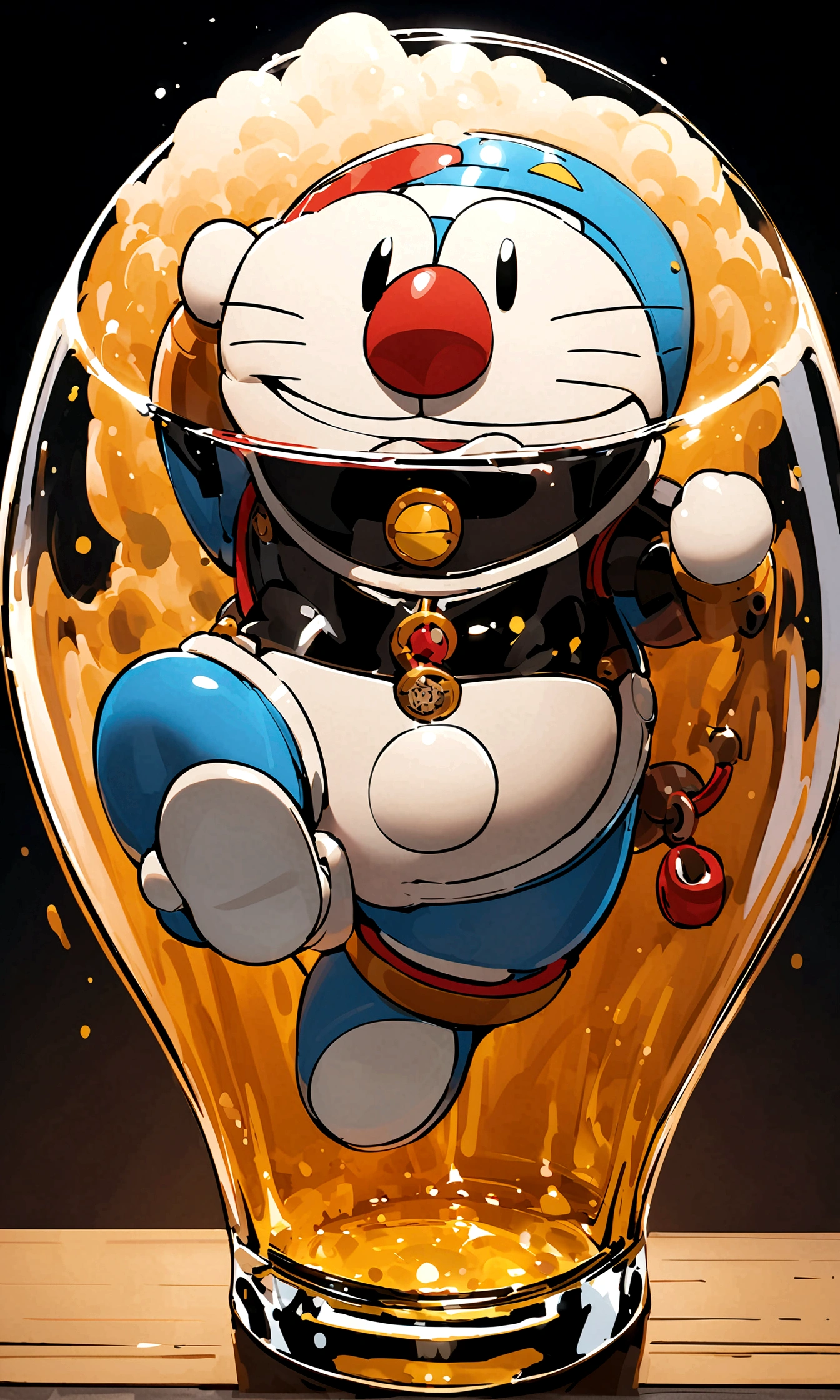 Doraemon，drink beer，Japanese anime style，Background of the future Japanese street，Wearing a futuristic space suit，Full beer glass，Japanese style，japonisme，realityDoraemon头像，reality