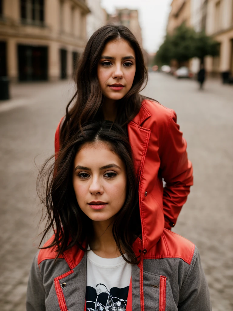 A beautiful n1n4d woman,1girl,solo,long hair,   She has long, brown hair and is wearing in a red jacket holds a Salvador Dalí mask in her hand.looking directly at the camera. The background is plain and gray.looking at viewer,brown hair,brown eyes,red jacket holds a Salvador Dalí mask in her hand,lips,realistic,soft lighting, professional Photography, Photorealistic, detailed, RAW, analog, sharp focus, 8k, HD, high quality, masterpiece