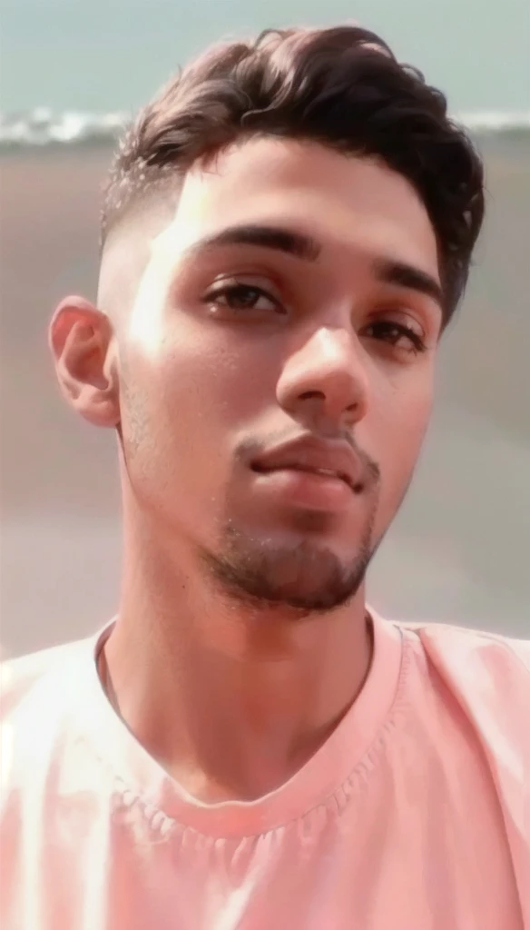 a close up of a man with a pink shirt on a beach, portait photo profile picture, around 1 9 years old, riyahd cassiem, headshot profile picture, mohamed chahin, with accurate face, taken in the early 2020s, profile pic, very very low quality picture, frontal picture, taken in 2022