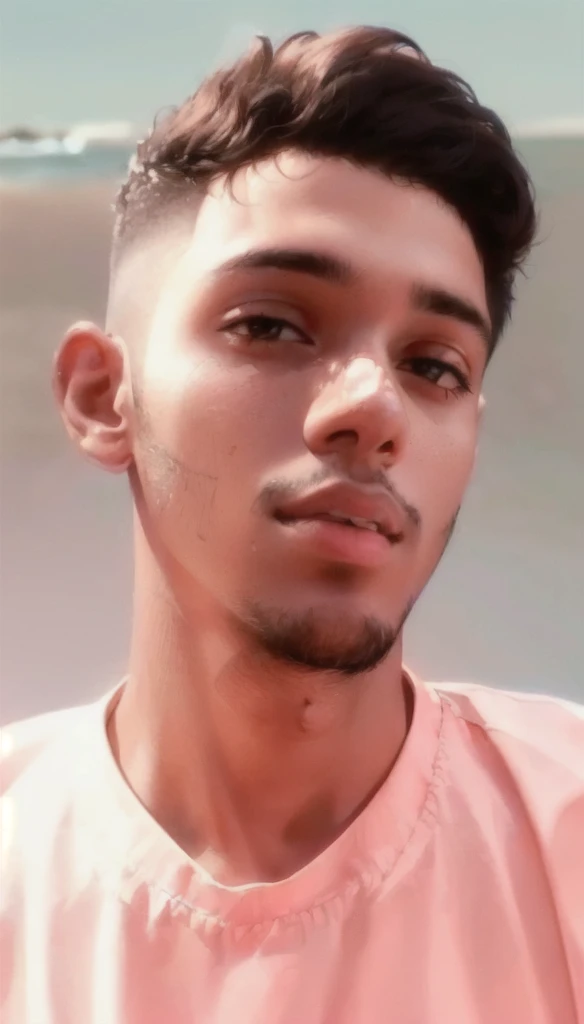 a close up of a man with a pink shirt on a beach, portait photo profile picture, around 1 9 years old, riyahd cassiem, headshot profile picture, mohamed chahin, with accurate face, taken in the early 2020s, profile pic, very very low quality picture, frontal picture, taken in 2022