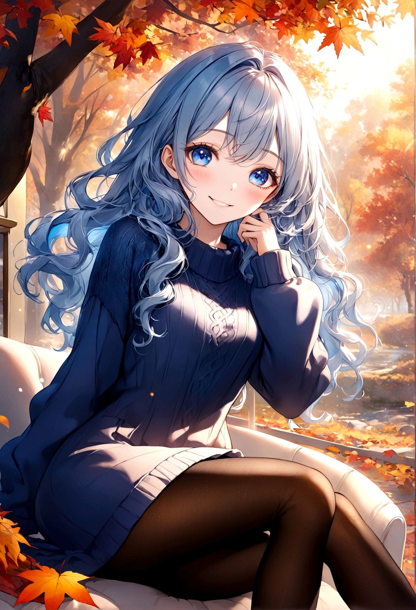 ((top-quality)), ((masterpiece)), ((ultra-detailliert)), (extremely delicate and beautiful), beautiful woman, bright light blue hair, long wavy hair, sapphire blue eyes, cozy sweater dress, sheer black pantyhose, sweet smile, relaxed expression, fair complexion, autumn background
