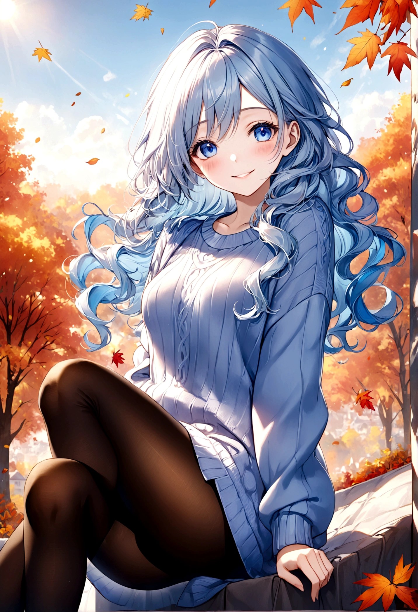((top-quality)), ((​masterpiece)), ((ultra-detailliert)), (extremely delicate and beautiful), beautiful woman, bright light blue hair, long wavy hair, sapphire blue eyes, cozy sweater dress, sheer black pantyhose, sweet smile, relaxed expression, fair complexion, autumn background