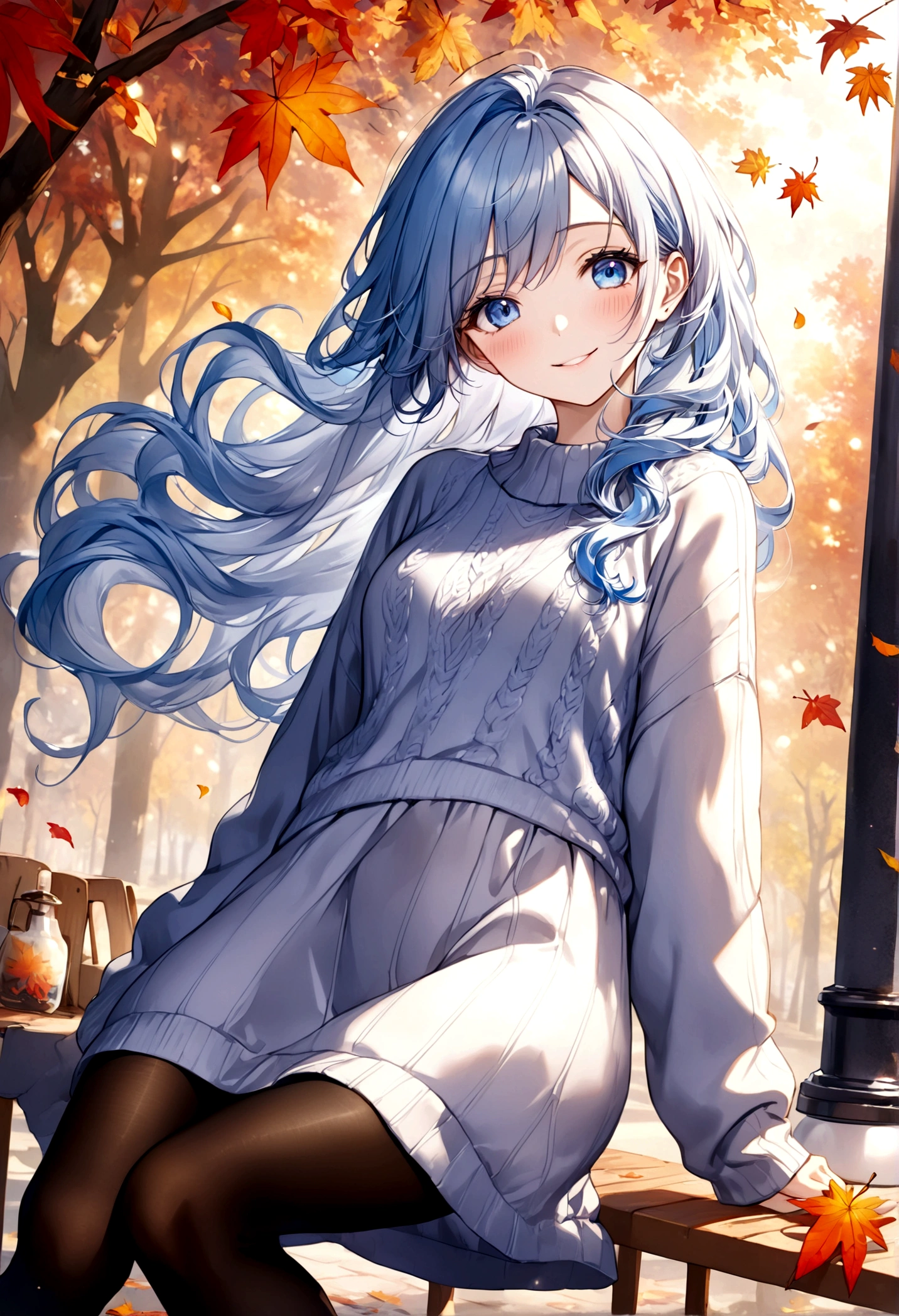((top-quality)), ((​masterpiece)), ((ultra-detailliert)), (extremely delicate and beautiful), beautiful woman, bright light blue hair, long wavy hair, sapphire blue eyes, cozy sweater dress, sheer black pantyhose, sweet smile, relaxed expression, fair complexion, autumn background