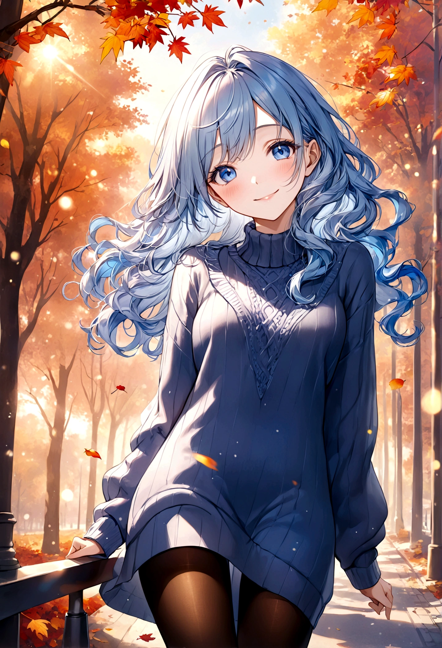 ((top-quality)), ((masterpiece)), ((ultra-detailliert)), (extremely delicate and beautiful), beautiful woman, bright light blue hair, long wavy hair, sapphire blue eyes, cozy sweater dress, sheer black pantyhose, sweet smile, relaxed expression, fair complexion, autumn background