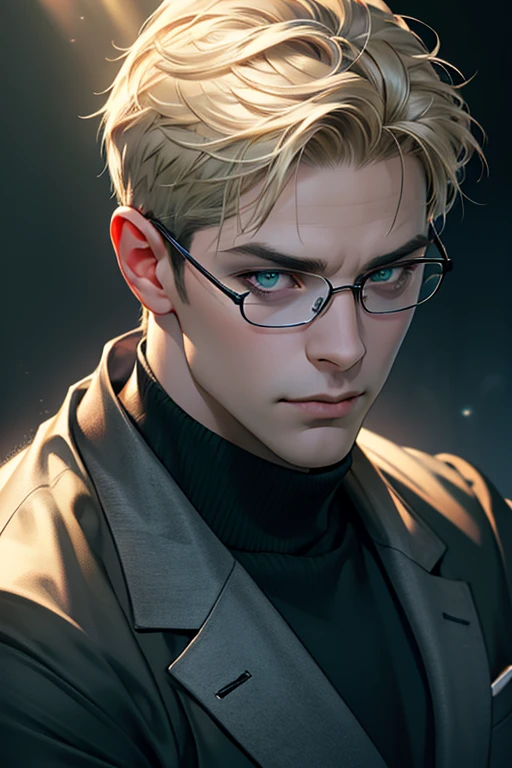 a handsome man, gentle expression, dark green eyes, ash blonde korean short hair, black eyeglasses, intricate details, silver suit, black turtleneck, realistic, photorealistic, photo-realistic:1.37, (best quality,4k,8k,highres,masterpiece:1.2),ultra-detailed,(realistic,photorealistic,photo-realistic:1.37), studio lighting, vibrant colors, cinematic lighting, dramatic shadows, cinematic composition, portrait