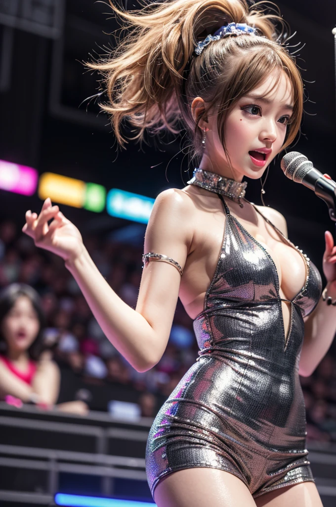 (Anime style:1.3), (Realistic, Photorealistic: 1.37), (masutepiece, Best Quality: 1.37), (Ultra High Resolution: 1.2), (Raw photo: 1.2), (Sharp Focus: 1.3), (Face Focus: 1.2), (Ultra detailed CG unified 8k wallpaper: 1.2), (Beautiful skin: 1.2), (pale skin: 1.3), (hyper-sharp focus: 1.5), (Ultra Sharp Focus: 1.5), ( Beautiful pretty face: 1.3), (The face of the Japan actress:1.3), (hyper detailed background, Detail Background: 1.3), masutepiece, Best Quality, hight resolution, ultra-detailliert, Hyper Sharp, absurderes, Detailed face, Photon mapping, White skin, Real Human Skin, (Detailed face), oval-face, pores, From below, low angles, looking down to viewer, 超A high resolution, (8K, Raw photo, Photorealistic:1.4), BREAK, 1girl in, slim, (largebreasts:1.37, cleavage), Illustration of a scene of an idol singer singing enthusiastically on a live stage.
Idol singer standing in the center of the stage.
Idol singer wears and boots.
Idol singer puts on headset with hair up.
An idol singer is holding a microphone and singing.
The expression of the idol singer is serious and powerful.
The singer's voice is strong and beautiful.
Fans gathering around the stage.
Fans are singing and dancing with idol singers.
The venue is filled with enthusiasm.
This illustration is、Passionate live performances of idol singers. Fans are fascinated by the voice and performance of the idol singer. The venue was filled with enthusiasm.、The live performance of the idol singer was a great success.