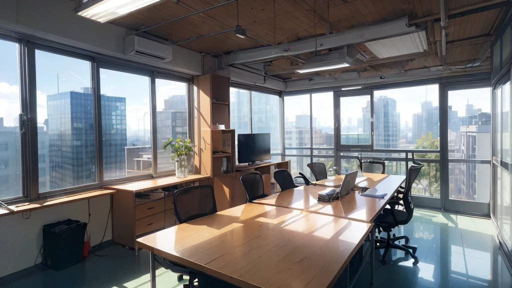 ((best quality)), ((masterpiece)), (detailed), office,总裁的office,Floor-to-ceiling windows,Bird's-eye view scene,