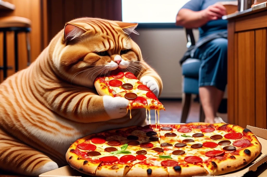 Fat cat eating pizza 