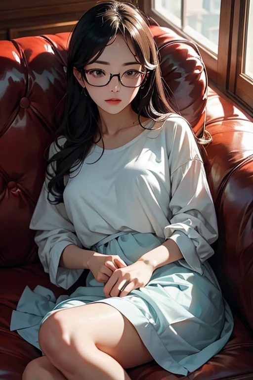Highest quality、masterpiece、High sensitivity、High resolution、Detailed Description、40Housewife、Glasses、Take a nap on the sofa、