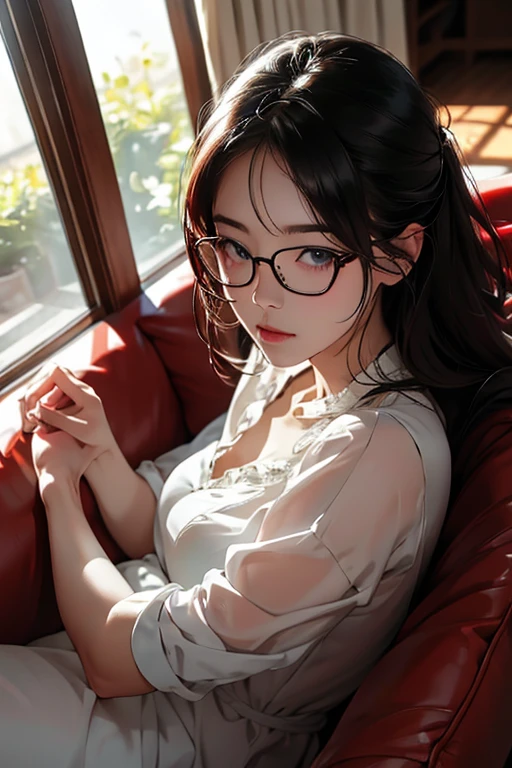 Highest quality、masterpiece、High sensitivity、High resolution、Detailed Description、40Housewife、Glasses、Take a nap on the sofa、