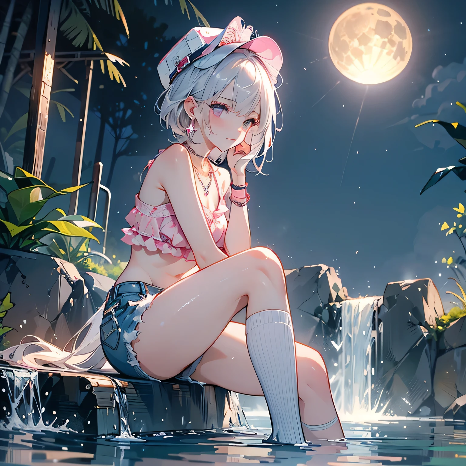 ((masterpiece:1.4, best quality)), ((masterpiece, best quality)),low angle,beautiful pony tail silver pink hair,beautiful  pink eyes,little cute   girl,full body, sitting in the water falls,lovely laugh,denim baseball cap, ((elegant summer bikini)), (white over-kneehighs,Lace chalker, wristband, diamond necklace,earrings),cinematic lighting and pause,beautiful natural mysterious park,night sky,full moon,