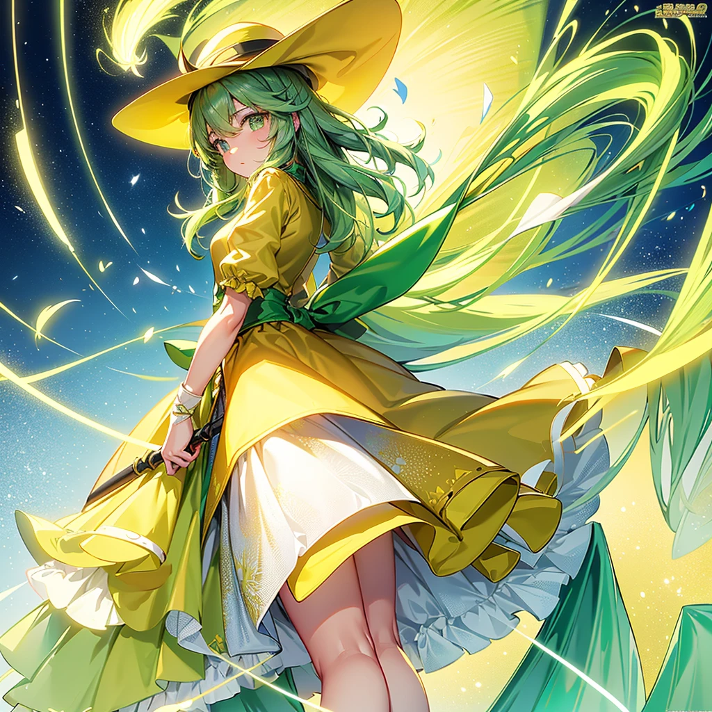 1girl、Dynamic composition、Yellow-green laser、(((Best Quality、Masterpiece、Official Art、Anime Style、The best dynamic composition、超detailed)))、Shine Muscat personification,Yellow-green hunting hat and coat,Light soft color coat and hat,Super huge、detailed、whole body、The finest details、