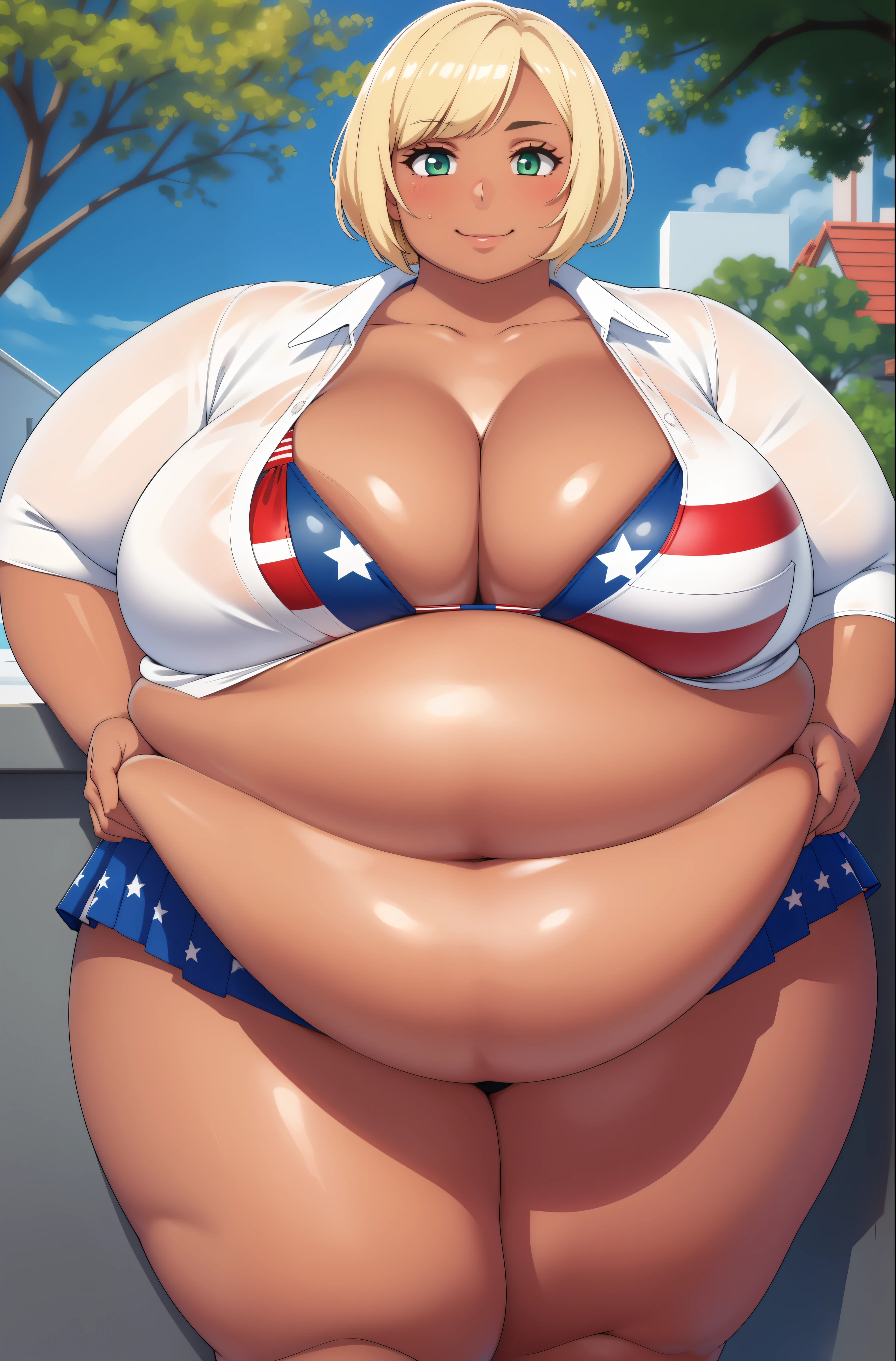 (Morbidly obese:1.2)(best quality:1.2), 1girl, (masterpiece:1.2), raytracing, cute face, perfect face, ultra detailed,detailed face, 8k wallpaper, wide hips, MitoIkumi_NDV, 1girl, green eyes, blonde hair, short hair, large , (dark skin, dark-skinned female:1.2), flag print, meat, american flag, american flag bikini, american flag print, skirt, cleavag shirt, outdoor, smile