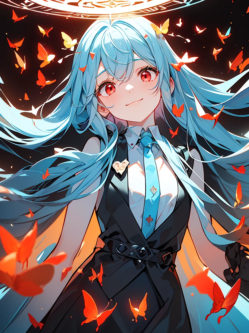 cute face, big eyes,red face,Complaint 、troubled face 、 1 girl ,(((( light blue long hair)))),Masterpiece, high quality detailed,highres,anime,comic,detailed image, (an illustration of a teenage girl posing,,tareme(true beautiful:1.2), sense of depth,dynamic angle,,,, affectionate smile, (true beautiful:1.2),,(tiny 1girl model:1.2),)(flat chest),masterpiece, (best quality:1.1), (1girl), solo, cowboy shot, (illustration:1.1), field of depth, (extremely fine and beautiful:1.1), (black trench coat + beautiful detailed black vest + white shirt:1.1 + black tie + black skirt + black flower on head + black gloves), ), (red eyes:1.1)yelashes, , pale skin, evil smile, beautiful detailed fallen small city + detailed ruin, many object, beautiful and clear background:1.2, renegade, evil, ((Red butterflies flying|around the character:1.3 + red light particles:1.15), ((perfect magic circle:1.3)), many object