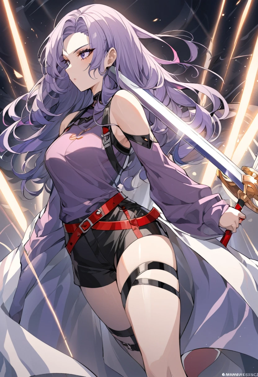 One a beautiful and calm woman, she has dark blue hair mixed with light purple hair at the ends of her hair, she wears black shorts and she wears a dark purple top with a red belt accessory and accessories are a pair of black and white thigh straps. she has a sword which is a symbol of justice. Manhwa style.