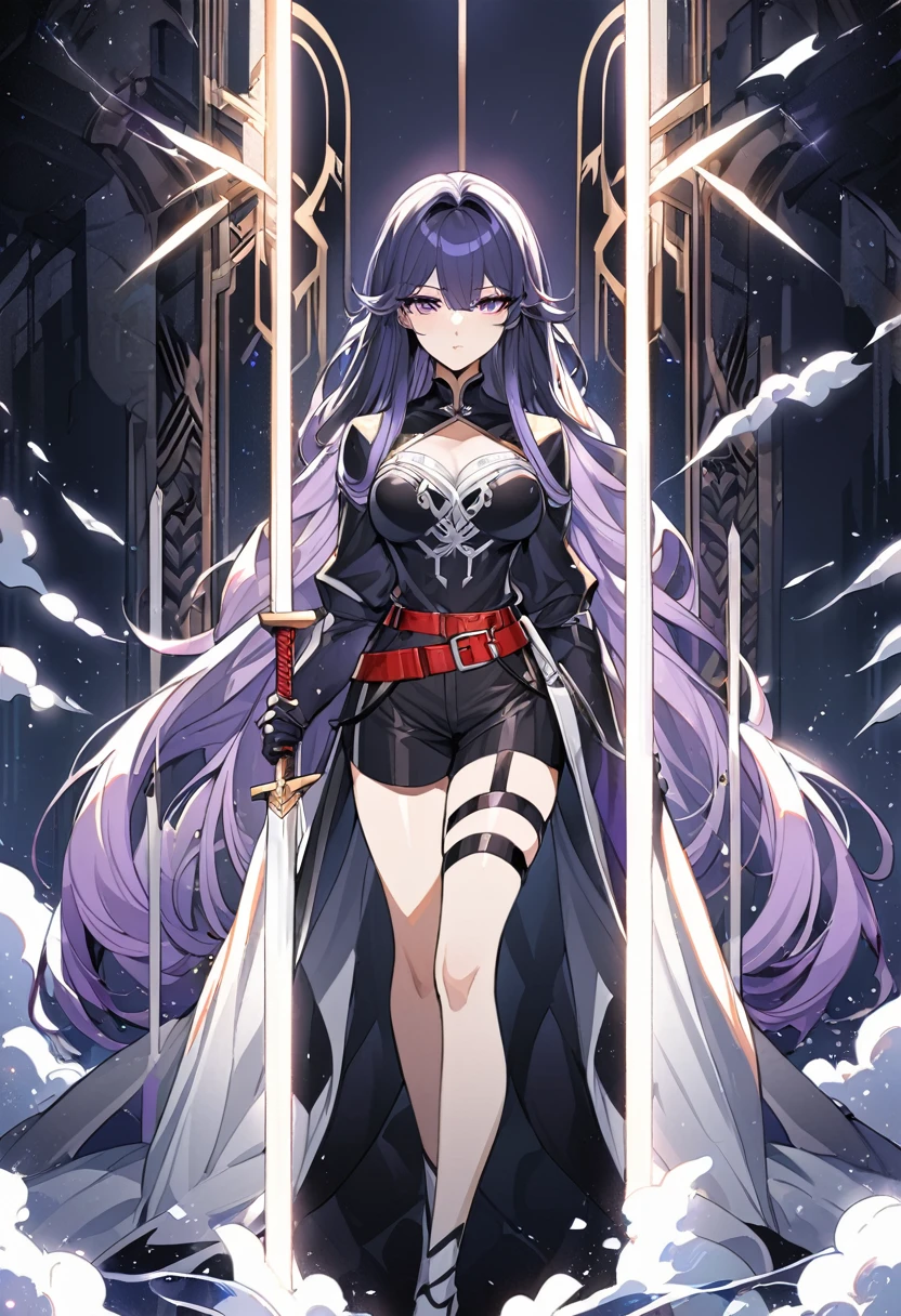 One a beautiful and calm woman, she has dark blue hair mixed with light purple hair at the ends of her hair, she wears black shorts and she wears a dark purple top with a red belt accessory and accessories are a pair of black and white thigh straps. she has a sword which is a symbol of justice. Manhwa style.