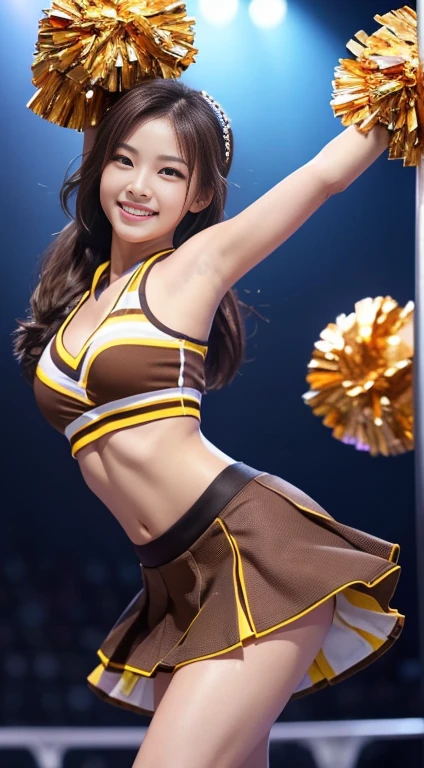 Highest quality, 8K, masterpiece :1.3)), whole body, Sharp focus :1.2, Beautiful woman with perfect figure :1.4, Slim Abs :1.2, ((Dark brown hair, Big Breasts :1.2)), whole bodyショット),(RAW shooting:1.2)、(realism:1.4)、(masterpiece:1.3)、(Highest quality:1.4)、The Beauty of Japan、Black Hair,Beautiful and eye-catching details、Beautiful eyelashes and double eyelids、eye shadow、Perfect Eye Makeup、alone、cute、(cute:1.2)、(A smile full of happiness:1.4)、Smiling Kindly、show excitement、(ponytail:1.2)、(From the bottom perspective:1.3)、(mini skirt)、美しくThin legs、(Perfect Body Beauty:1.3)、Shiny skin、(Cheerleading and other energetic poses:1.5)、Looking into the camera,Narrow waist、Thin legs、Big Breasts、Photorealistic、Age 25、Cleavage、Glamour、sexy、Thighs、長いponytail、Korean Idol