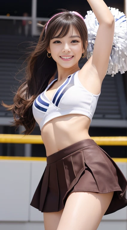 Highest quality, 8K, masterpiece :1.3)), whole body, Sharp focus :1.2, Beautiful woman with perfect figure :1.4, Slim Abs :1.2, ((Dark brown hair, Big Breasts :1.2)), whole bodyショット),(RAW shooting:1.2)、(realism:1.4)、(masterpiece:1.3)、(Highest quality:1.4)、The Beauty of Japan、Black Hair,Beautiful and eye-catching details、Beautiful eyelashes and double eyelids、eye shadow、Perfect Eye Makeup、alone、cute、(cute:1.2)、(A smile full of happiness:1.4)、Smiling Kindly、show excitement、(ponytail:1.2)、(From the bottom perspective:1.3)、(mini skirt)、美しくThin legs、(Perfect Body Beauty:1.3)、Shiny skin、(Cheerleading and other energetic poses:1.5)、Looking into the camera,Narrow waist、Thin legs、Big Breasts、Photorealistic、Age 25、Cleavage、Glamour、sexy、Thighs、長いponytail、Korean Idol