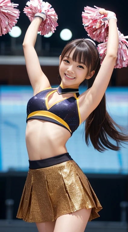 masutepiece, Best Quality, 1girl in, (a beauty girl:1.2), (17 age:1.2), Very fine eye definition, (Symmetrical eyes:1.3)、beutiful breast、Smaller chest、Brown eyes, Parted bangs, Brown hair, smil、No makeup、cheerleaders、Colorful cheering costumes、Navel is visible、Short Skirt Lift、Big pompons、Raise one leg high to cheer、(((Highkick:1.3)))、Low angle full shot、Ground Level Shots、From below、High and wide sky、spectator seats、1 Japan Girl、Put your hands behind your head to show your armpits、(8K、top-quality、​masterpiece:1.3)、Golden Ratio Face、Best smile looking at the camera、(layers-Cut、tits out:1.2)、Brown Medium Bob Curl Hair、Professional Writing、Stadium at night、Blurred light