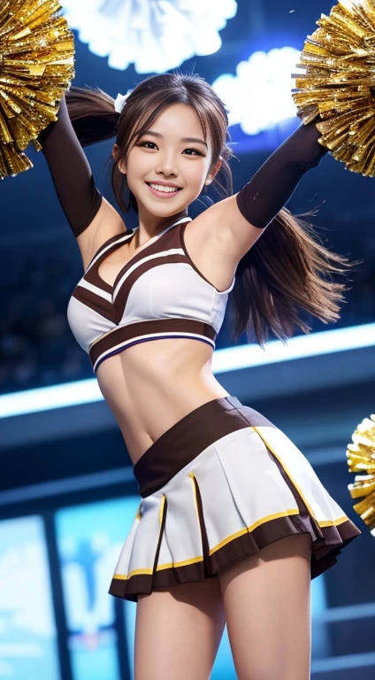 Highest quality, 8K, masterpiece :1.3)), whole body, Sharp focus :1.2, Beautiful woman with perfect figure :1.4, Slim Abs :1.2, ((Dark brown hair, Big Breasts :1.2)), whole bodyショット),(RAW shooting:1.2)、(realism:1.4)、(masterpiece:1.3)、(Highest quality:1.4)、The Beauty of Japan、Black Hair,Beautiful and eye-catching details、Beautiful eyelashes and double eyelids、eye shadow、Perfect Eye Makeup、alone、cute、(cute:1.2)、(A smile full of happiness:1.4)、Smiling Kindly、show excitement、(ponytail:1.2)、(From the bottom perspective:1.3)、(mini skirt)、美しくThin legs、(Perfect Body Beauty:1.3)、Shiny skin、(Cheerleading and other energetic poses:1.5)、Looking into the camera,Narrow waist、Thin legs、Big Breasts、Photorealistic、Age 25、Cleavage、Glamour、sexy、Thighs、長いponytail、Korean Idol