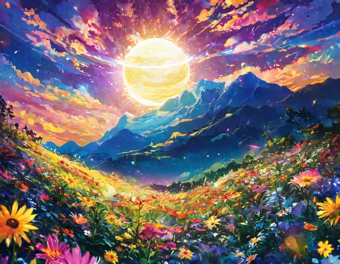 a close up of a  with a sun and flowers, Dreams are lush、Colorful solar eclipse, The mythical flower mountain, intricate flower sunset, psychedelic floral planets, The sun is at the zenith, medieval summer sun, full of sunshine, Evening sun, Lush Garden Hanging, Evening dusk, A sunny day