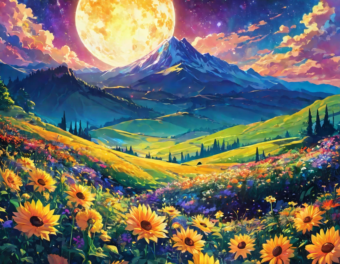 a close up of a  with a sun and flowers, Dreams are lush、Colorful solar eclipse, The mythical flower mountain, intricate flower sunset, psychedelic floral planets, The sun is at the zenith, medieval summer sun, full of sunshine, Evening sun, Lush Garden Hanging, Evening dusk, A sunny day