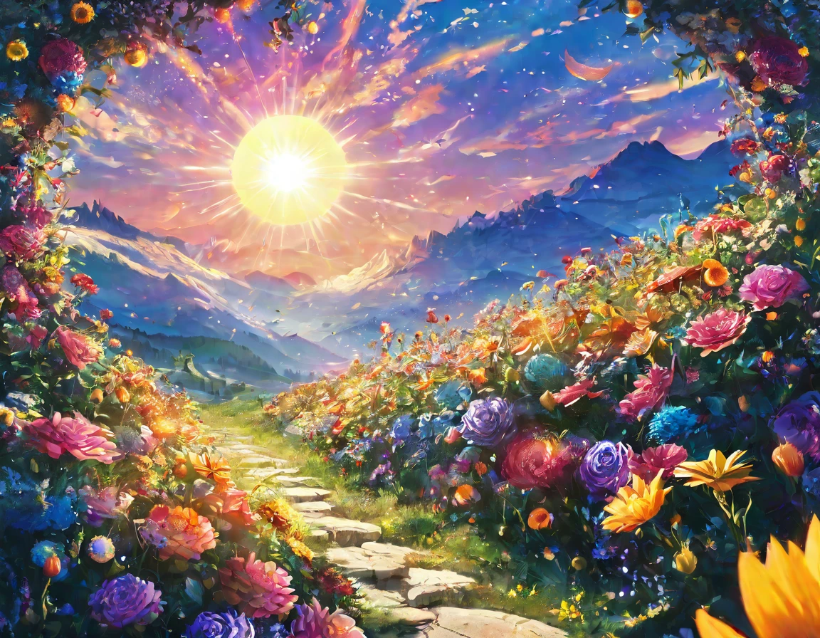 a close up of a  with a sun and flowers, Dreams are lush、Colorful solar eclipse, The mythical flower mountain, intricate flower sunset, psychedelic floral planets, The sun is at the zenith, medieval summer sun, full of sunshine, Evening sun, Lush Garden Hanging, Evening dusk, A sunny day