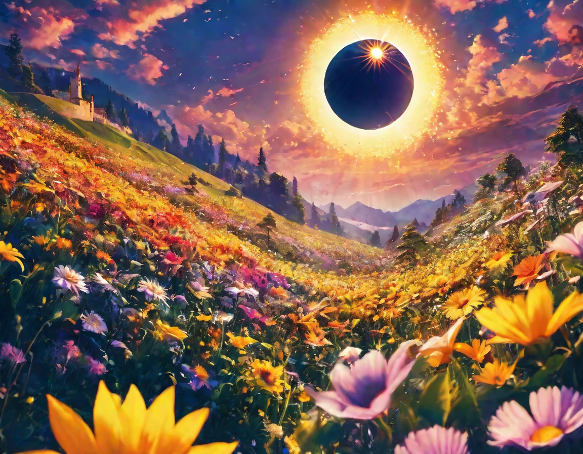 a close up of a  with a sun and flowers, Dreams are lush、Colorful solar eclipse, The mythical flower mountain, intricate flower sunset, psychedelic floral planets, The sun is at the zenith, medieval summer sun, full of sunshine, Evening sun, Lush Garden Hanging, Evening dusk, A sunny day