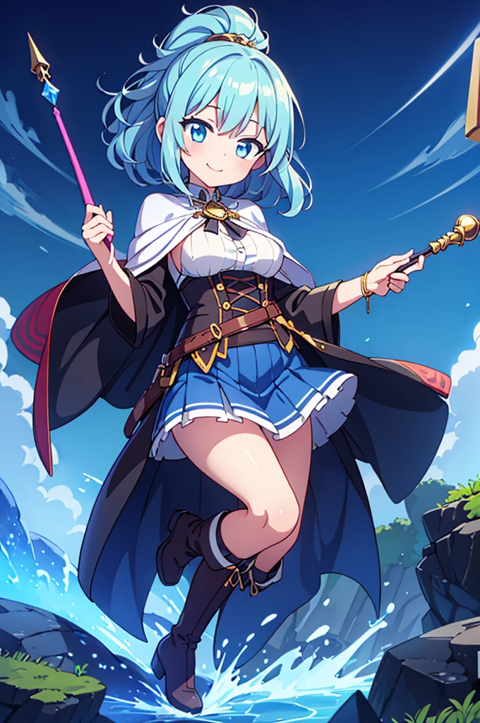 Fantasy,((Masterpiece)),((high resolution)),((Best Quality)),Anime illustration,((1girl)),(wavy hair),(short hair),(pale blue hair color),small ponytail,headband,Big, round, blue eyes,Droopy eyes,(child),12 years old,baby face and big breasts,(big breasts),Short stature,Young,(loli),,ice wizard,sleeveless white blouse,Blue mini skirt,slit,Brown corset,brown capelet,smile,,Brown long boots,wizard's wand with blue gem,