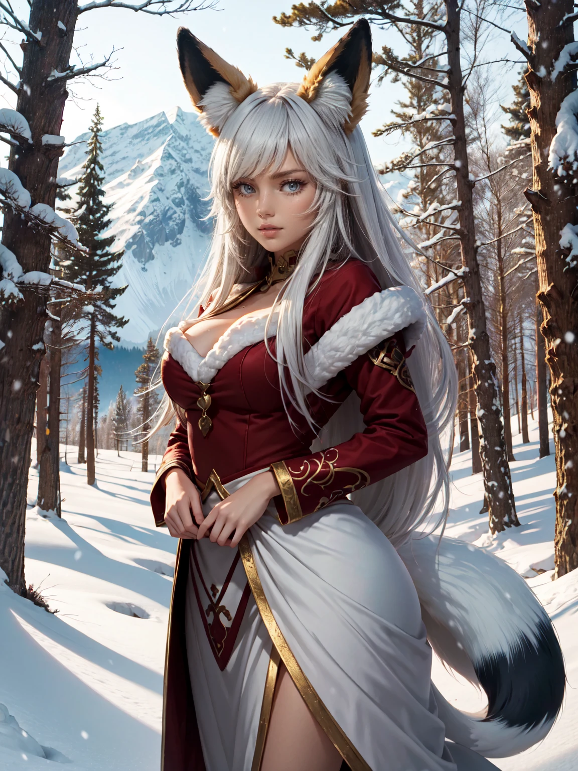 {extremely delicate and beautiful girl}, 8K Wallpaper, {{{masutepiece}}},Red Eyes,White hair,Long hair,(Fox Girl:1.4) , forest,trees, montain,snow,