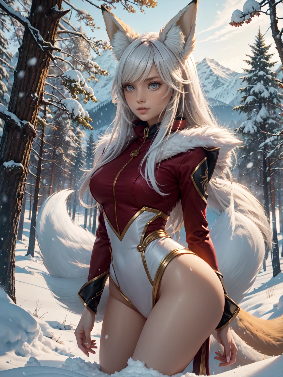 {extremely delicate and beautiful girl}, 8K Wallpaper, {{{masutepiece}}},Red Eyes,White hair,Long hair,(Fox Girl:1.4) , forest,trees, montain,snow,